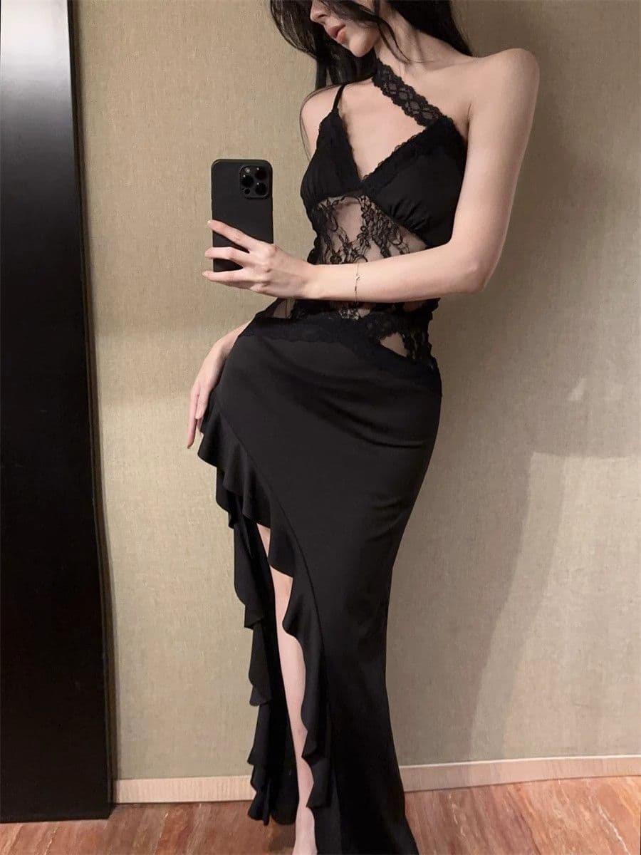 다크 부서 나이트 클럽 바람이 아닙니다. 규칙 작은 대중 레이스 홀로우 아웃 섹시함 핫걸 슬립 여성 드레스 빛 럭셔리 고급 센스 상세 이미지 11
