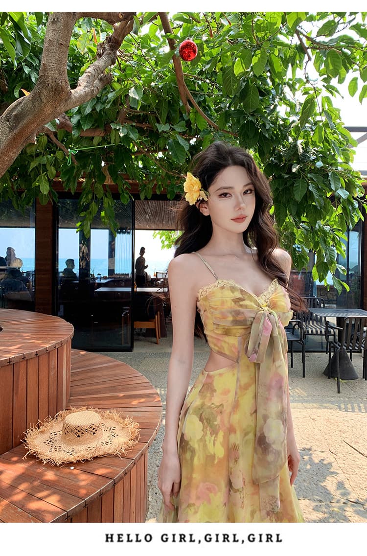 해변가 딩 Da 서울 휴가 황색 드레스 여름 아름다운 섬 밝은 도파민 태국 사람 스타일 고유 한 작은 슬링 상세 이미지 11