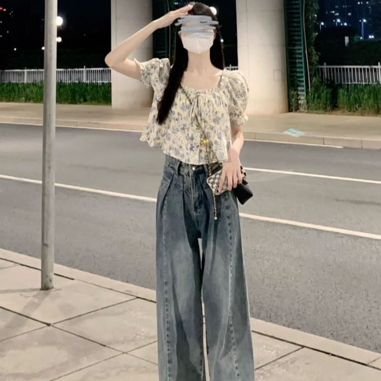 아메리칸 레트로 높음 거리 하이웨이스트 넓은 다리 청바지 여성 루즈핏 스트레이트 슬림해 보이는 배 모양 몸 느긋한 도루 센스 바닥 청소