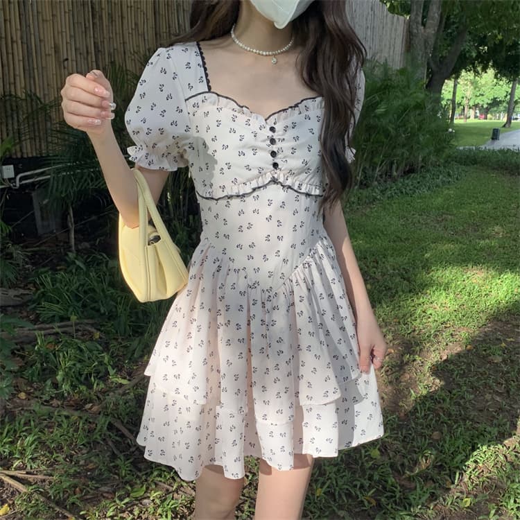 프랑스식 광장 칼라 꽃무늬 반팔 여성 드레스 여름 달콤함 백리스 퍼프 나비 매듭 허리 수축 슬림해 보이는 짧은 치마 상세 이미지 9