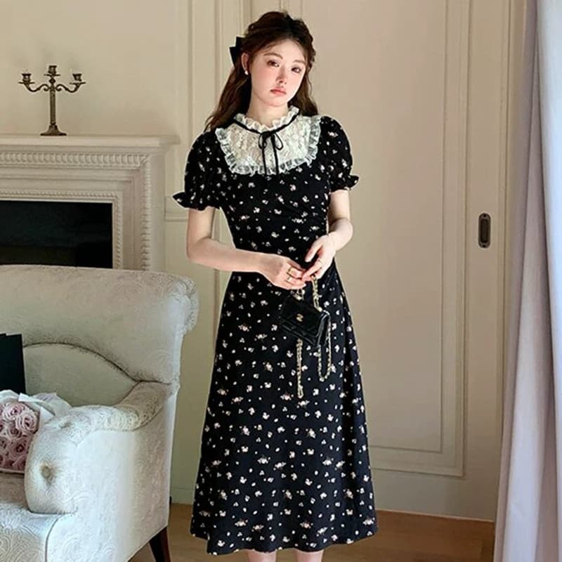 프랑스식 새로운 차 휴식 레이스 조각 검정색 꽃무늬 드레스 miu 부서 허리 수축 슬림해 보이는 레트로 작은 검은 색 치마