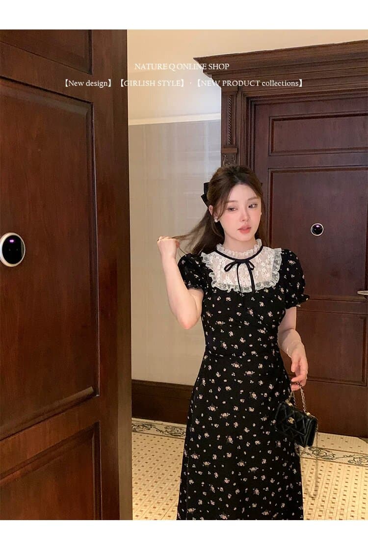 프랑스식 새로운 차 휴식 레이스 조각 검정색 꽃무늬 드레스 miu 부서 허리 수축 슬림해 보이는 레트로 작은 검은 색 치마 상세 이미지 3