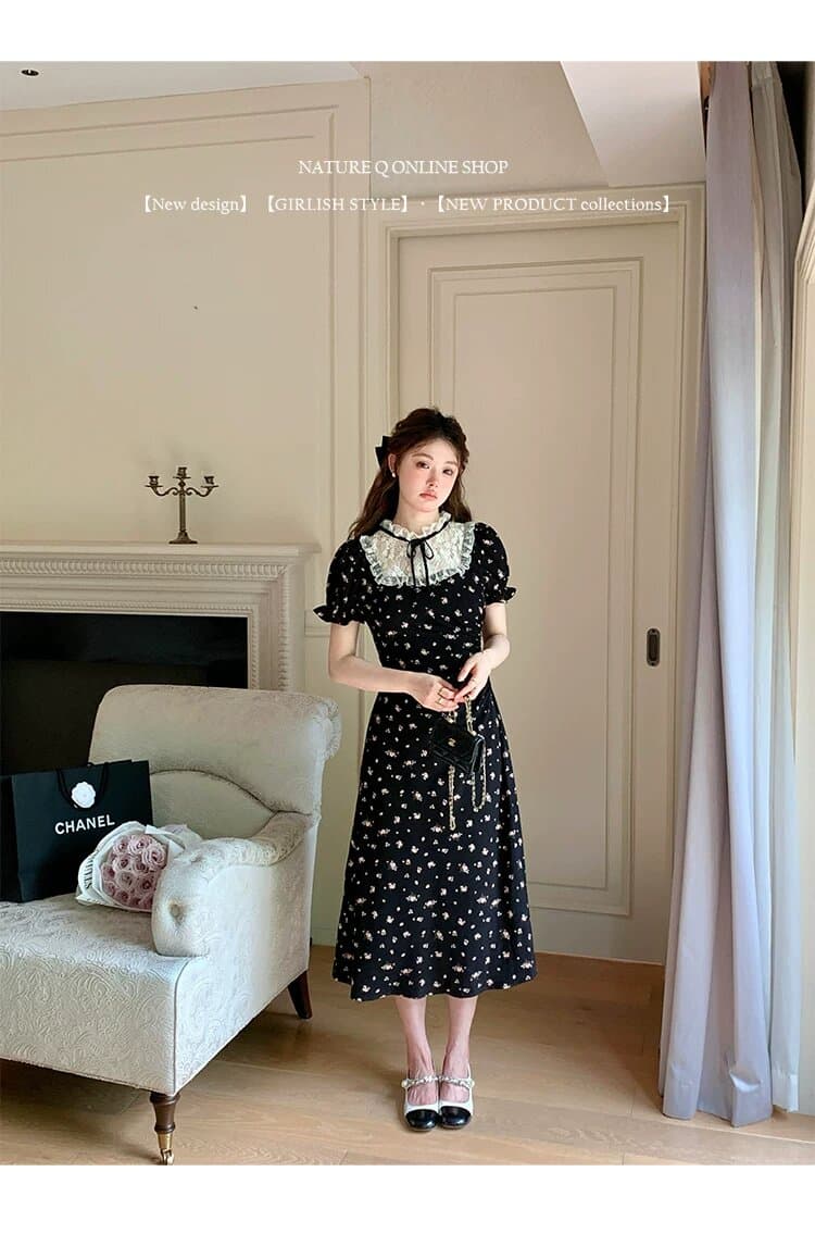 프랑스식 새로운 차 휴식 레이스 조각 검정색 꽃무늬 드레스 miu 부서 허리 수축 슬림해 보이는 레트로 작은 검은 색 치마 상세 이미지 6