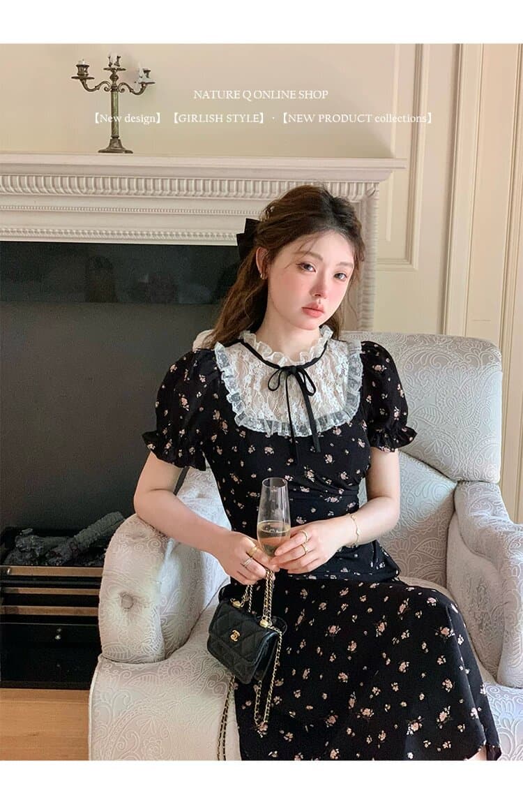 프랑스식 새로운 차 휴식 레이스 조각 검정색 꽃무늬 드레스 miu 부서 허리 수축 슬림해 보이는 레트로 작은 검은 색 치마 상세 이미지 7