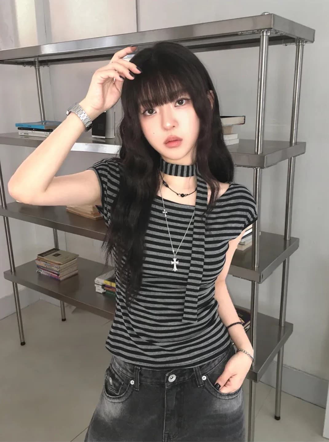 원본 원단 컬러 짜임 기사 오프숄더 리본 디자인 스트라이프 반팔 티셔츠 여성 핫걸 슬림해 보이는 허리 수축 다용도 맨위 상세 이미지 3