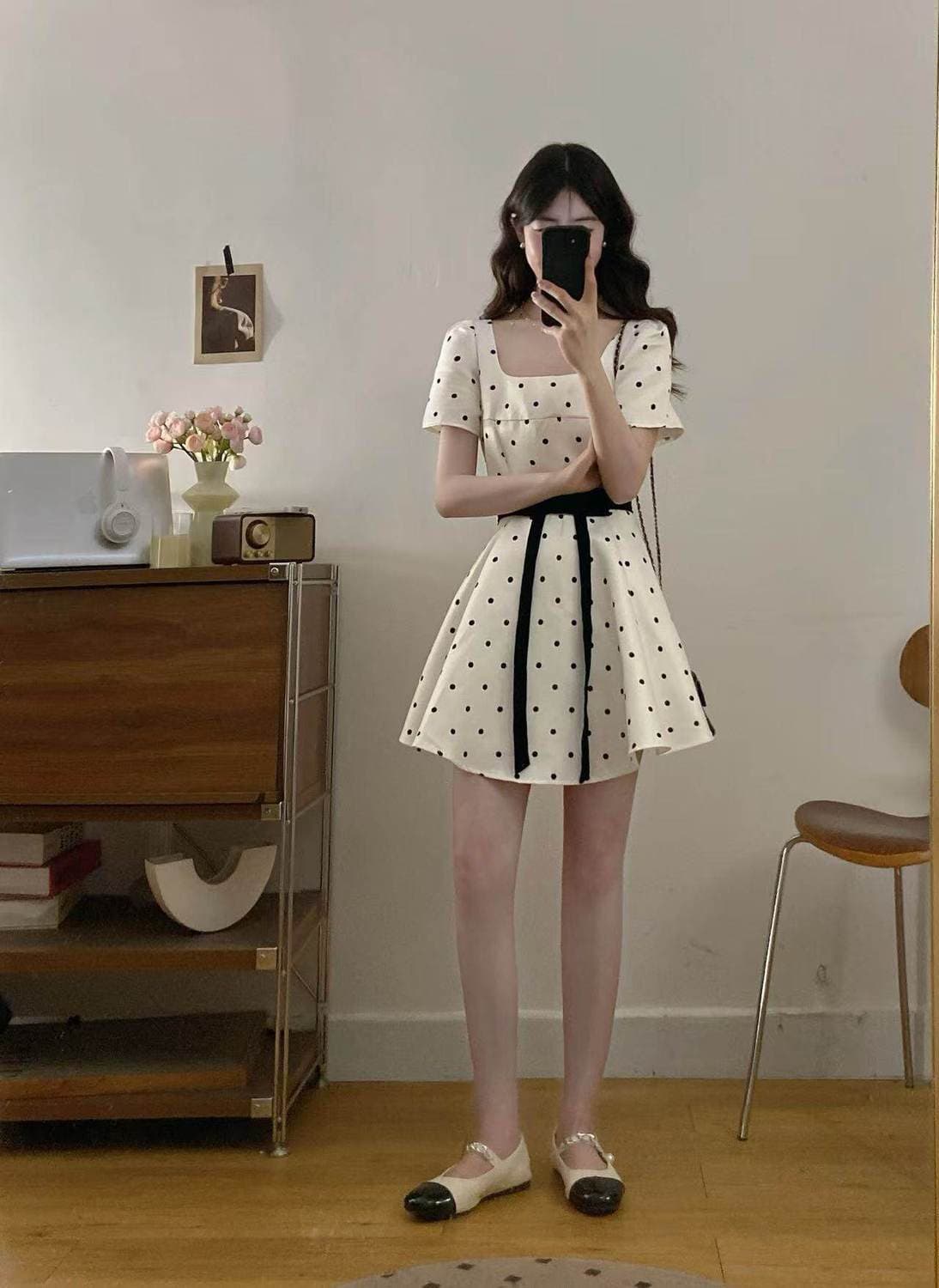빅 사이즈 프랑스식 도트 무늬 여성 드레스 여름 지방 mm 휴가 바람 광장 칼라 허리 수축 A라인 스커트 화이트 품격 미니 스커트 상세 이미지 4