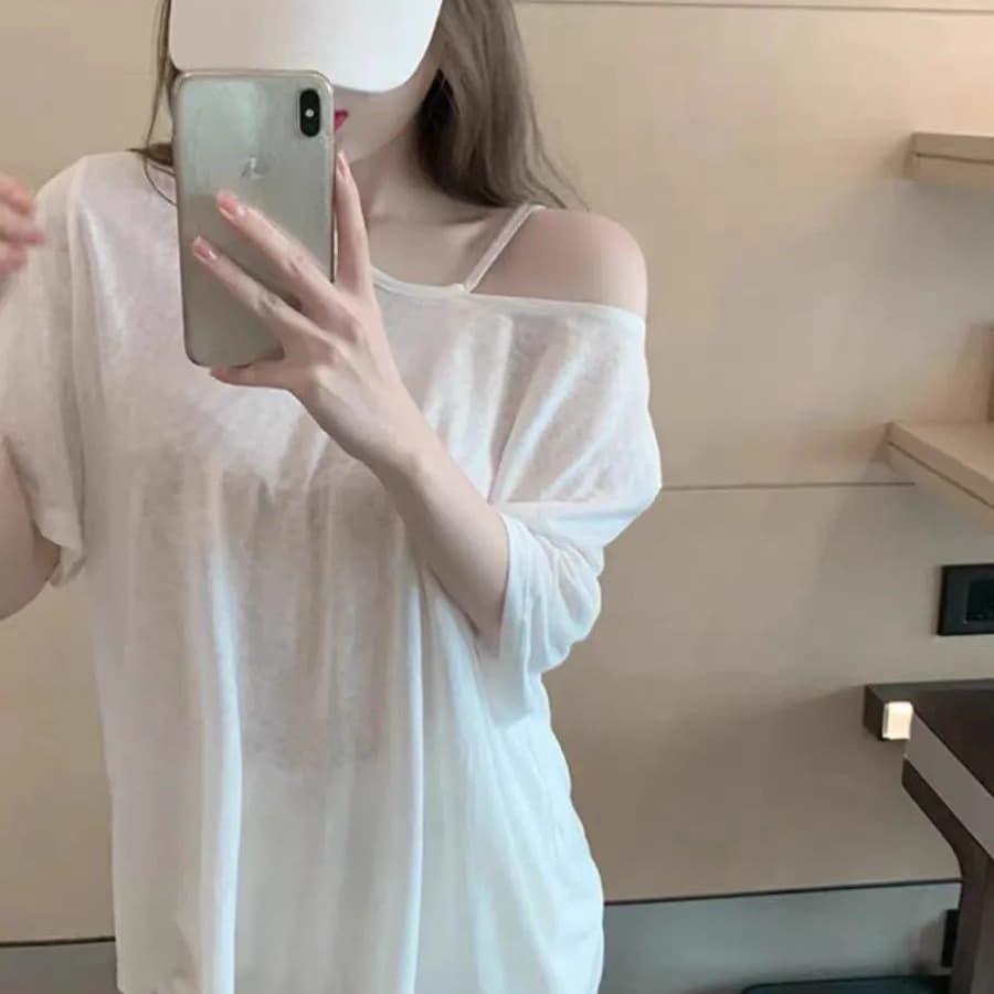 있음 선적 대나무 마디 리브 마이크로 ~을 통해 블라우스 오프숄더 화이트 티셔츠 여성 여름 순수한 욕망 섹시함 대외 무역 국경 간 폭발 이미지 5