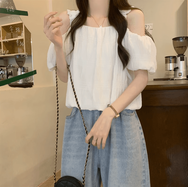 반팔 여성 셔츠 여름 디자인 고급 센스 프랑스식 쇼트 스타일 쇄골 오프숄더 거품 소매 Chic 맨위 상세 이미지 13