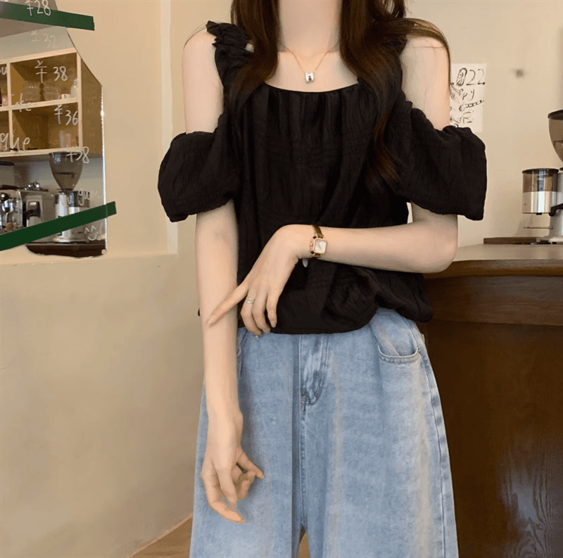 반팔 여성 셔츠 여름 디자인 고급 센스 프랑스식 쇼트 스타일 쇄골 오프숄더 거품 소매 Chic 맨위 상세 이미지 22
