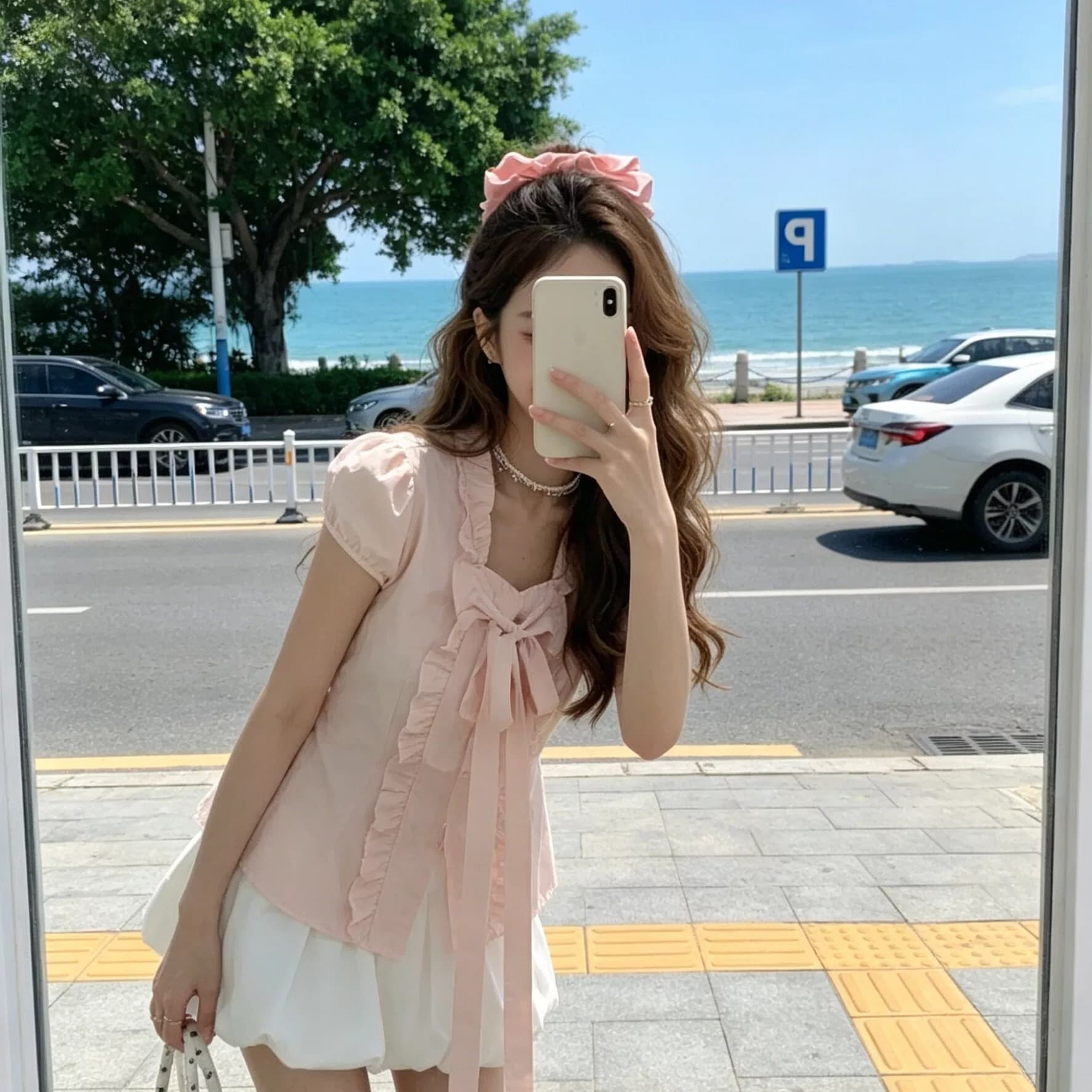 반팔 달콤한 스타일 프릴 나비 매듭 여성 셔츠 허리 수축 슬림해 보이는 프랑스식 부드러운 바람 거품 소매 맨위 여름 이미지 4