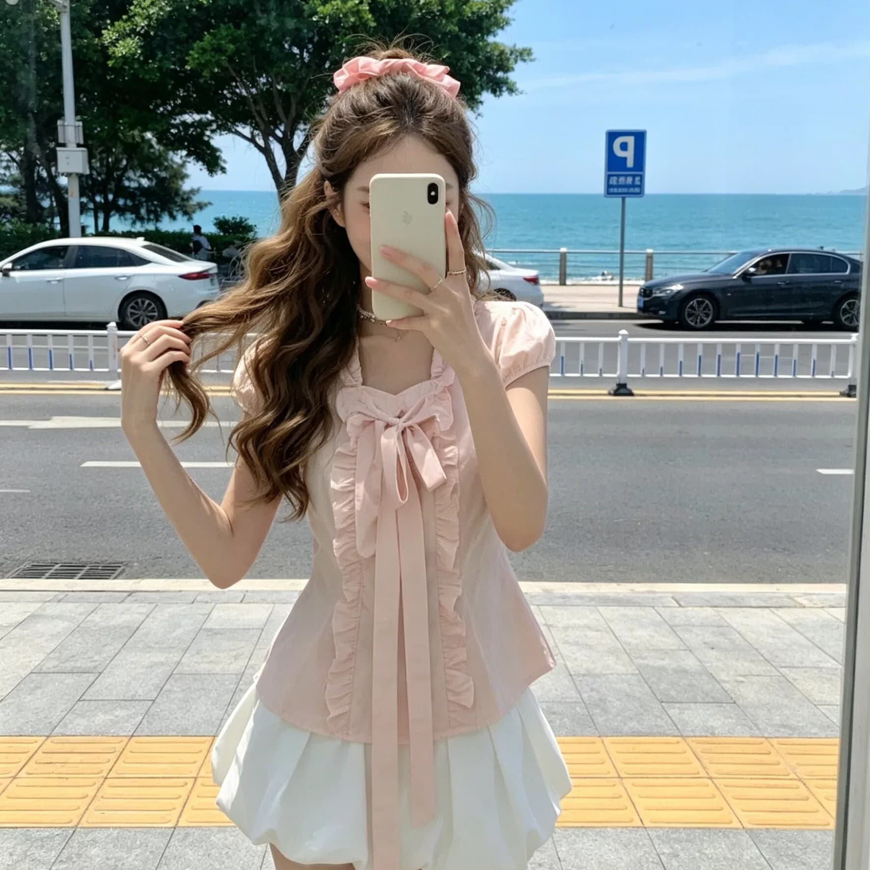 반팔 달콤한 스타일 프릴 나비 매듭 여성 셔츠 허리 수축 슬림해 보이는 프랑스식 부드러운 바람 거품 소매 맨위 여름 이미지 5