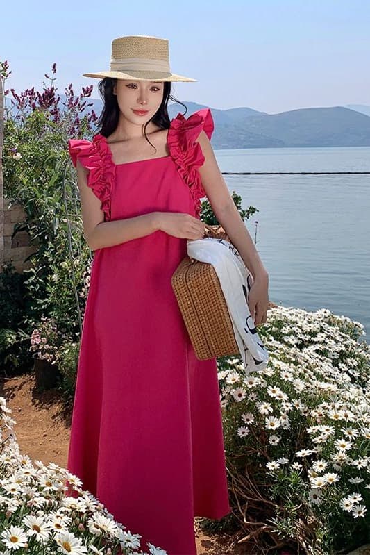 2026 년 Feifei 소매 표지 고기 라스베리 어린이 소스 네온 분말 민소매 루즈핏 드레스 여름 디스플레이 화이트 루즈핏 롱 스커트 이미지 6