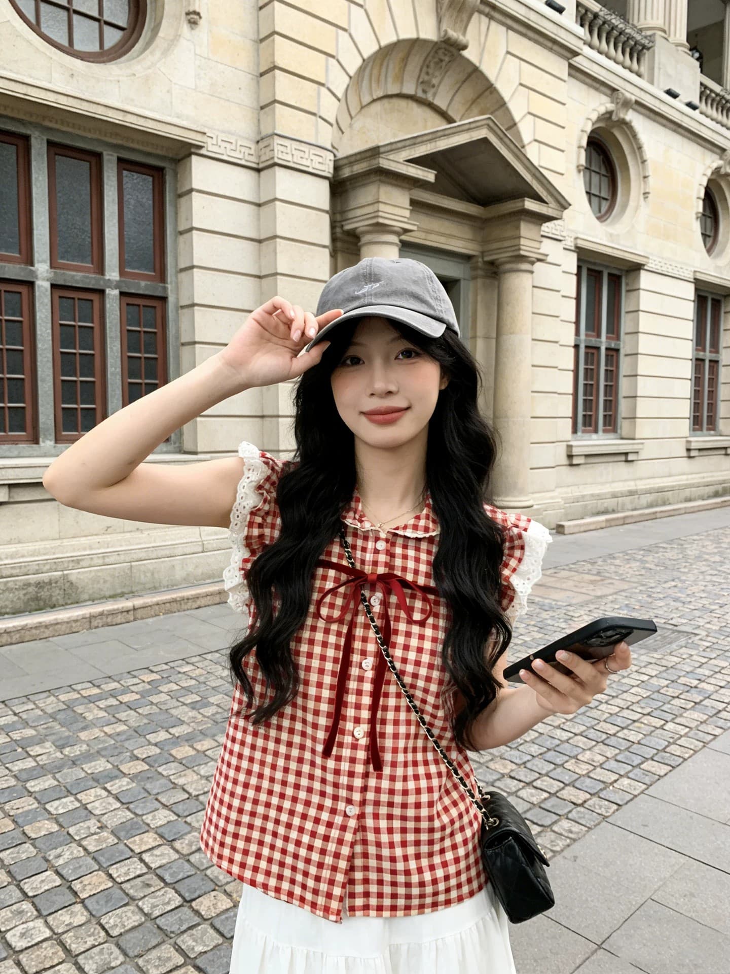 한 부서 레트로 빨간색 체크무늬 반팔 여성 셔츠 여름 새로운 작은 키 프랑스식 베이비 칼라 아름다운 맨위 트렌디 이미지 3