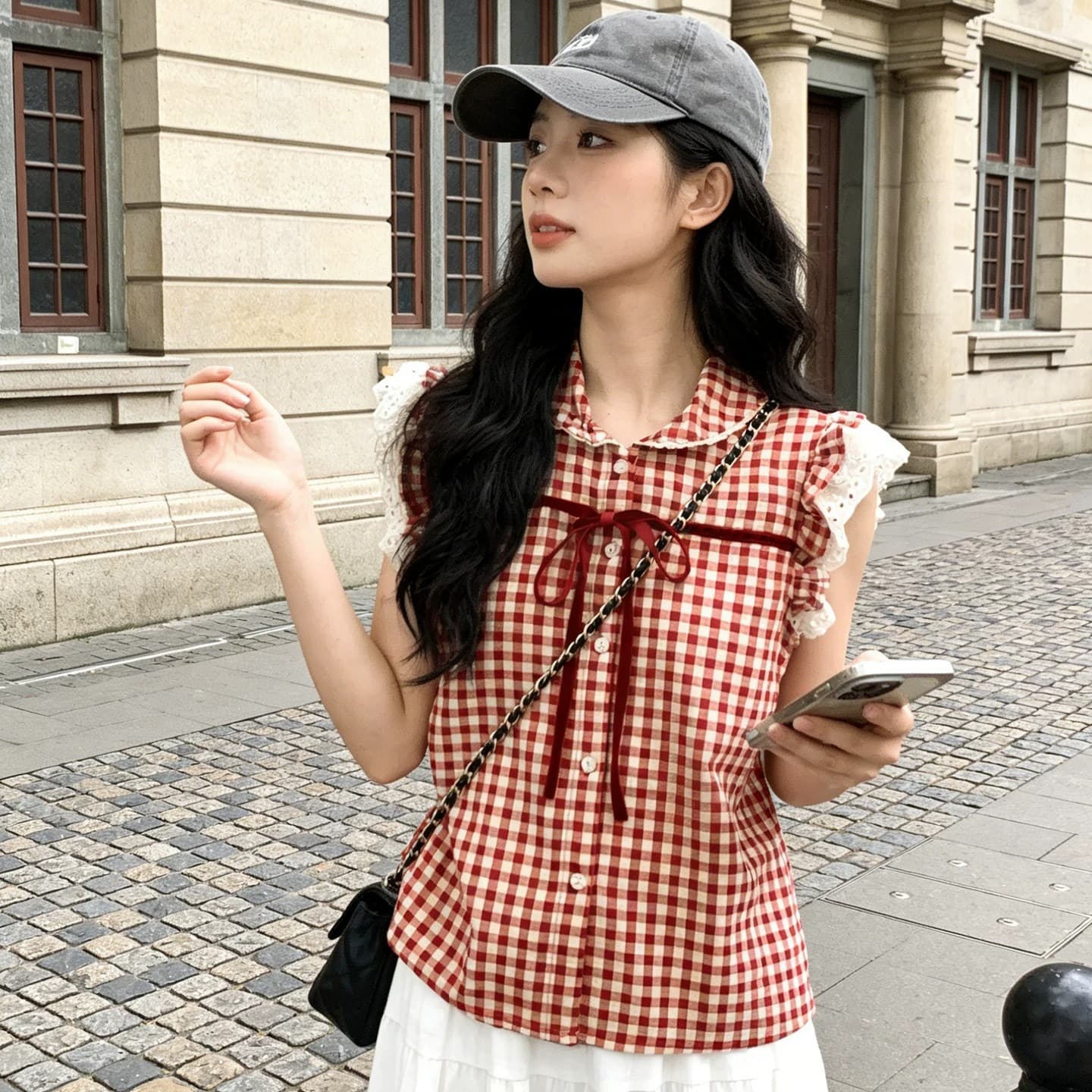 한 부서 레트로 빨간색 체크무늬 반팔 여성 셔츠 여름 새로운 작은 키 프랑스식 베이비 칼라 아름다운 맨위 트렌디 이미지 5