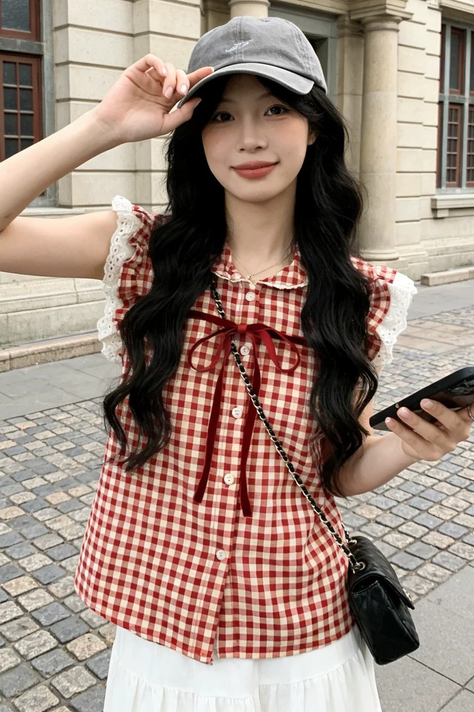 한 부서 레트로 빨간색 체크무늬 반팔 여성 셔츠 여름 새로운 작은 키 프랑스식 베이비 칼라 아름다운 맨위 트렌디 이미지 6