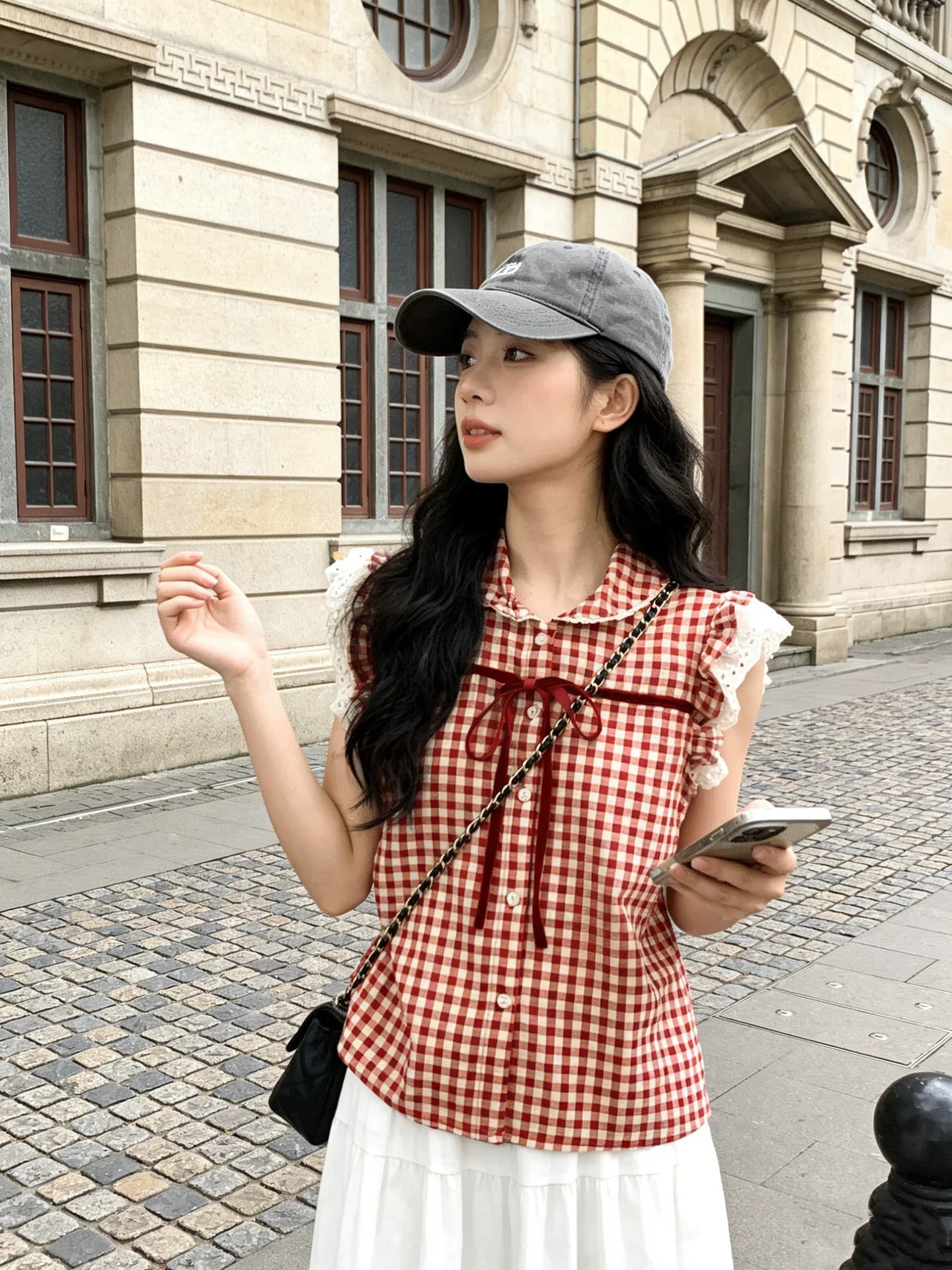 한 부서 레트로 빨간색 체크무늬 반팔 여성 셔츠 여름 새로운 작은 키 프랑스식 베이비 칼라 아름다운 맨위 트렌디 상세 이미지 3