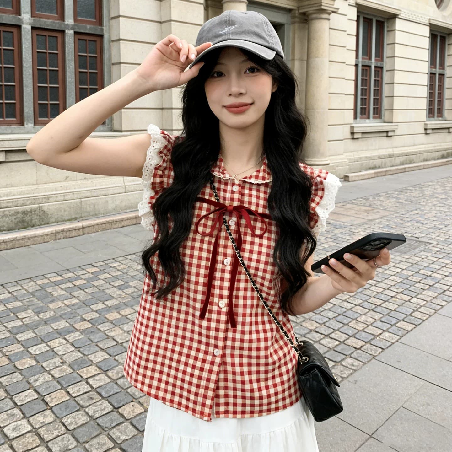 한 부서 레트로 빨간색 체크무늬 반팔 여성 셔츠 여름 새로운 작은 키 프랑스식 베이비 칼라 아름다운 맨위 트렌디 상세 이미지 7