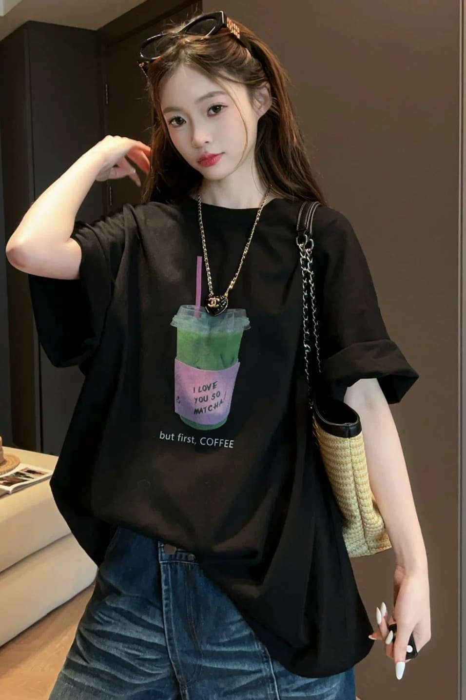 21 순면 210 그램 이후 패키지 칼라 여름 드레스 한 부서 반팔 티셔츠 여성 한국 스타일 루즈핏 빅 사이즈 프린트 이미지 6