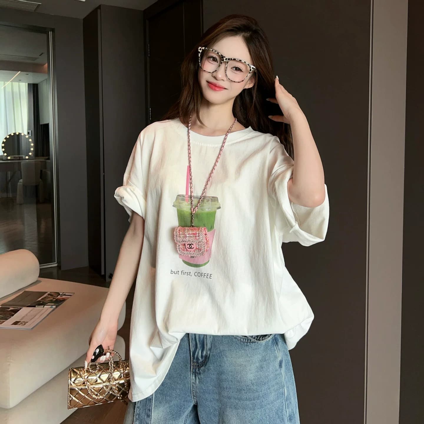 21 순면 210 그램 이후 패키지 칼라 여름 드레스 한 부서 반팔 티셔츠 여성 한국 스타일 루즈핏 빅 사이즈 프린트 상세 이미지 2