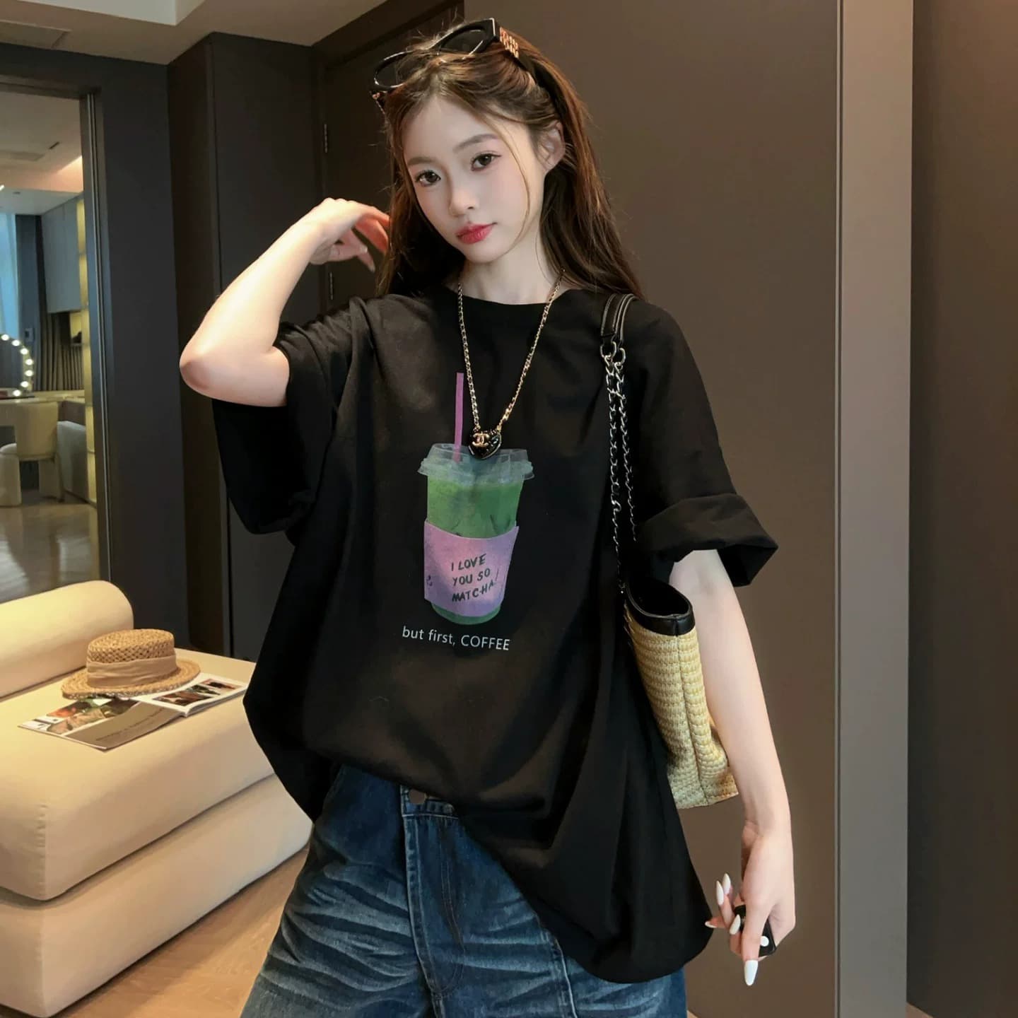 21 순면 210 그램 이후 패키지 칼라 여름 드레스 한 부서 반팔 티셔츠 여성 한국 스타일 루즈핏 빅 사이즈 프린트 상세 이미지 3
