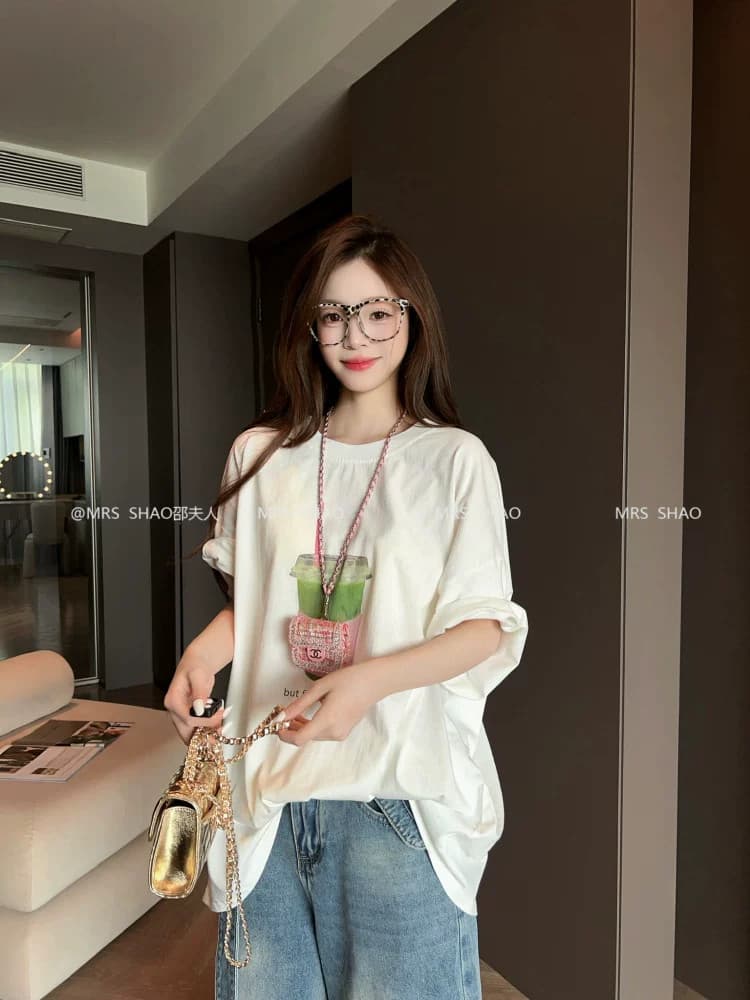 21 순면 210 그램 이후 패키지 칼라 여름 드레스 한 부서 반팔 티셔츠 여성 한국 스타일 루즈핏 빅 사이즈 프린트 상세 이미지 4