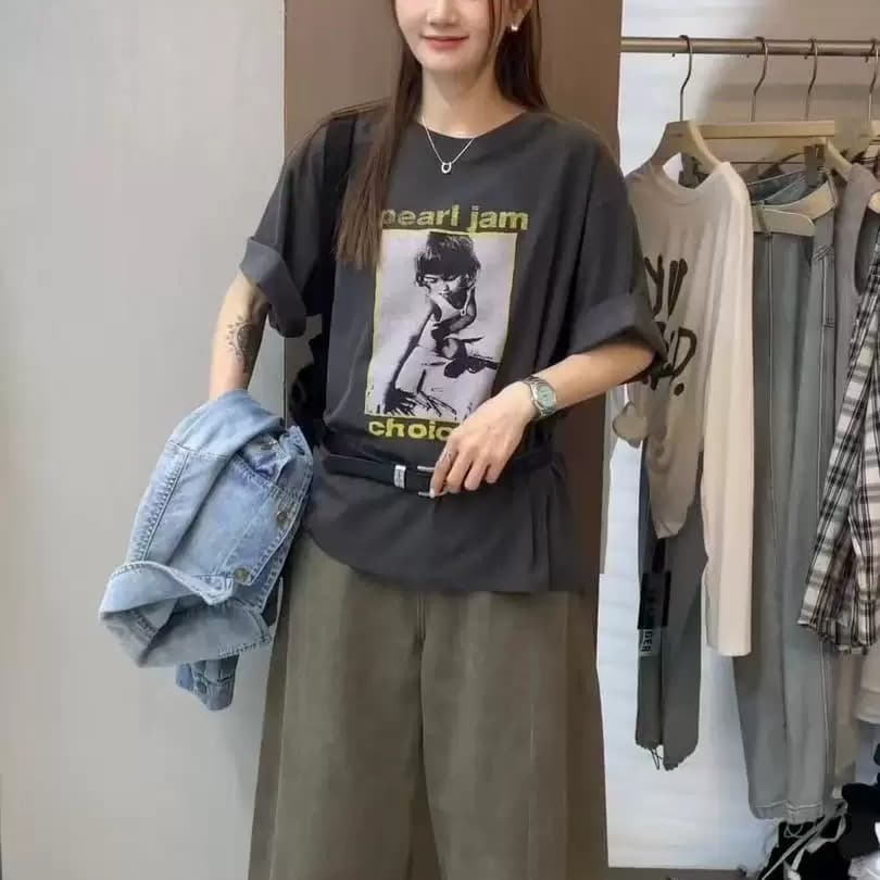 21 순면 210 그램 이후 패키지 칼라 여름 드레스 한 부서 반팔 티셔츠 여성 한국 스타일 루즈핏 빅 사이즈 프린트 이미지 2
