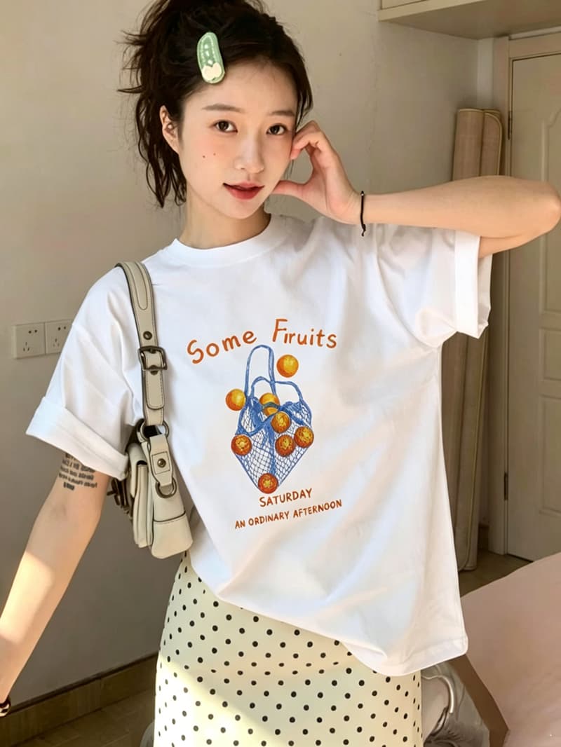 21 순면 210 그램 이후 패키지 칼라 여름 드레스 한 부서 반팔 티셔츠 여성 한국 스타일 루즈핏 빅 사이즈 프린트 이미지 4
