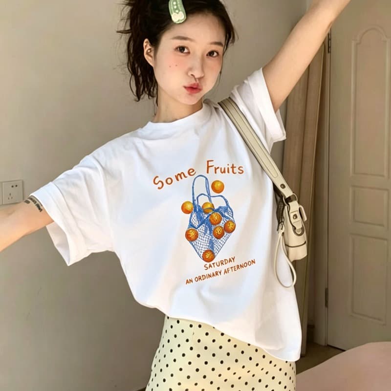 21 순면 210 그램 이후 패키지 칼라 여름 드레스 한 부서 반팔 티셔츠 여성 한국 스타일 루즈핏 빅 사이즈 프린트 이미지 3