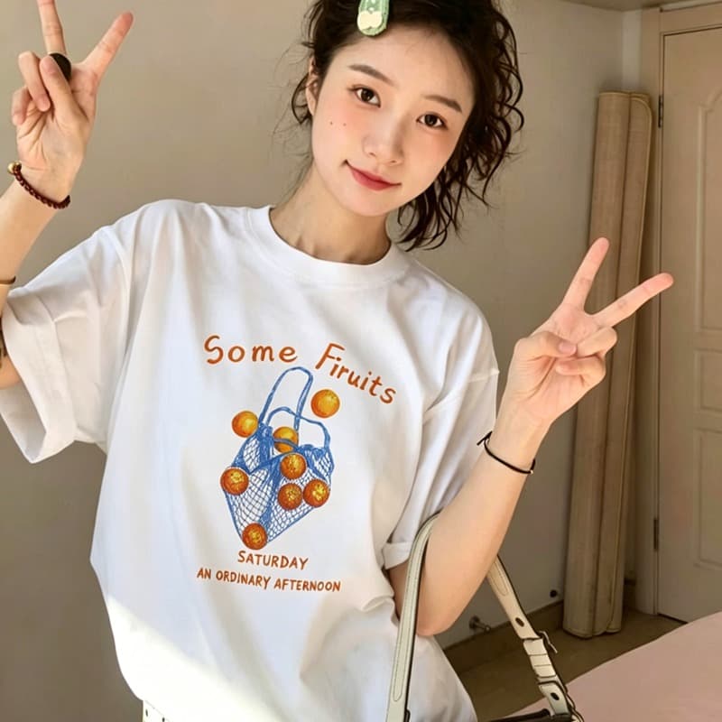 21 순면 210 그램 이후 패키지 칼라 여름 드레스 한 부서 반팔 티셔츠 여성 한국 스타일 루즈핏 빅 사이즈 프린트