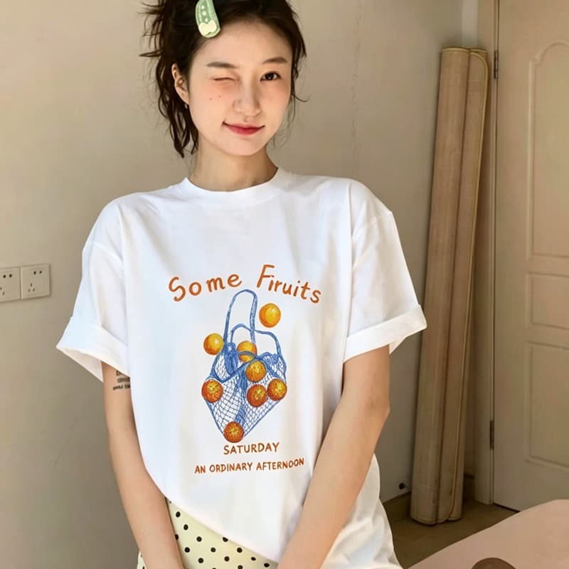 21 순면 210 그램 이후 패키지 칼라 여름 드레스 한 부서 반팔 티셔츠 여성 한국 스타일 루즈핏 빅 사이즈 프린트 이미지 2
