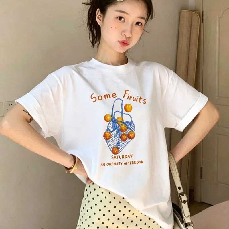 21 순면 210 그램 이후 패키지 칼라 여름 드레스 한 부서 반팔 티셔츠 여성 한국 스타일 루즈핏 빅 사이즈 프린트 이미지 5