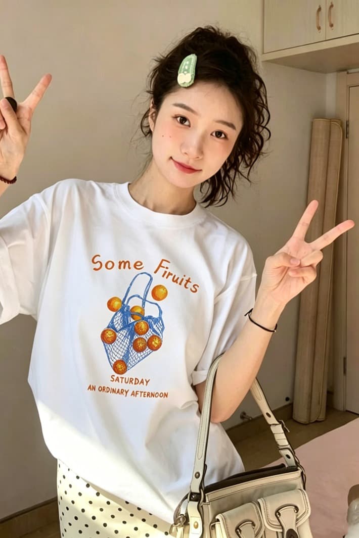 21 순면 210 그램 이후 패키지 칼라 여름 드레스 한 부서 반팔 티셔츠 여성 한국 스타일 루즈핏 빅 사이즈 프린트 이미지 6