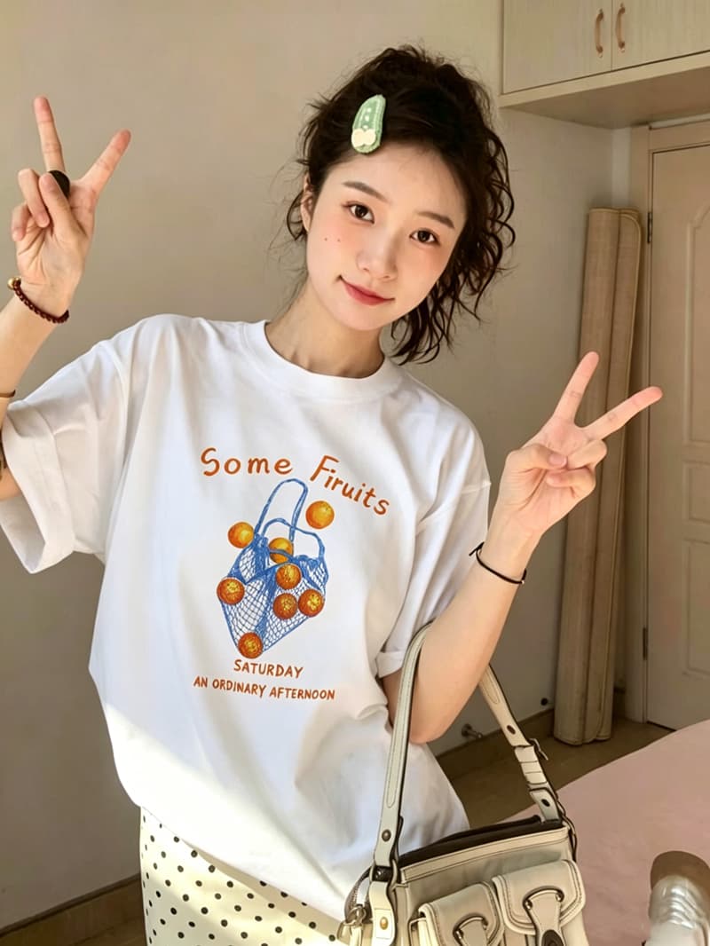 21 순면 210 그램 이후 패키지 칼라 여름 드레스 한 부서 반팔 티셔츠 여성 한국 스타일 루즈핏 빅 사이즈 프린트 상세 이미지 4