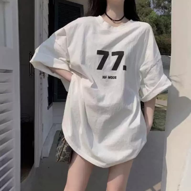 21 순면 210 그램 이후 패키지 칼라 여름 드레스 한 부서 반팔 티셔츠 여성 한국 스타일 루즈핏 빅 사이즈 프린트 이미지 5