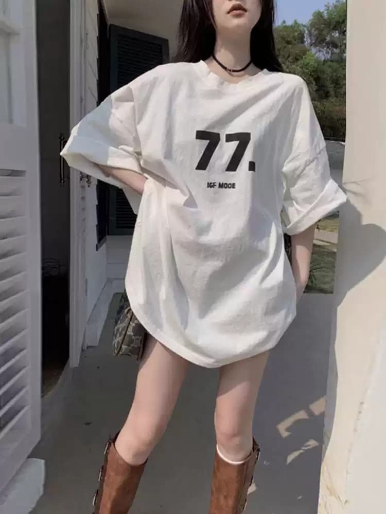 21 순면 210 그램 이후 패키지 칼라 여름 드레스 한 부서 반팔 티셔츠 여성 한국 스타일 루즈핏 빅 사이즈 프린트 상세 이미지 5