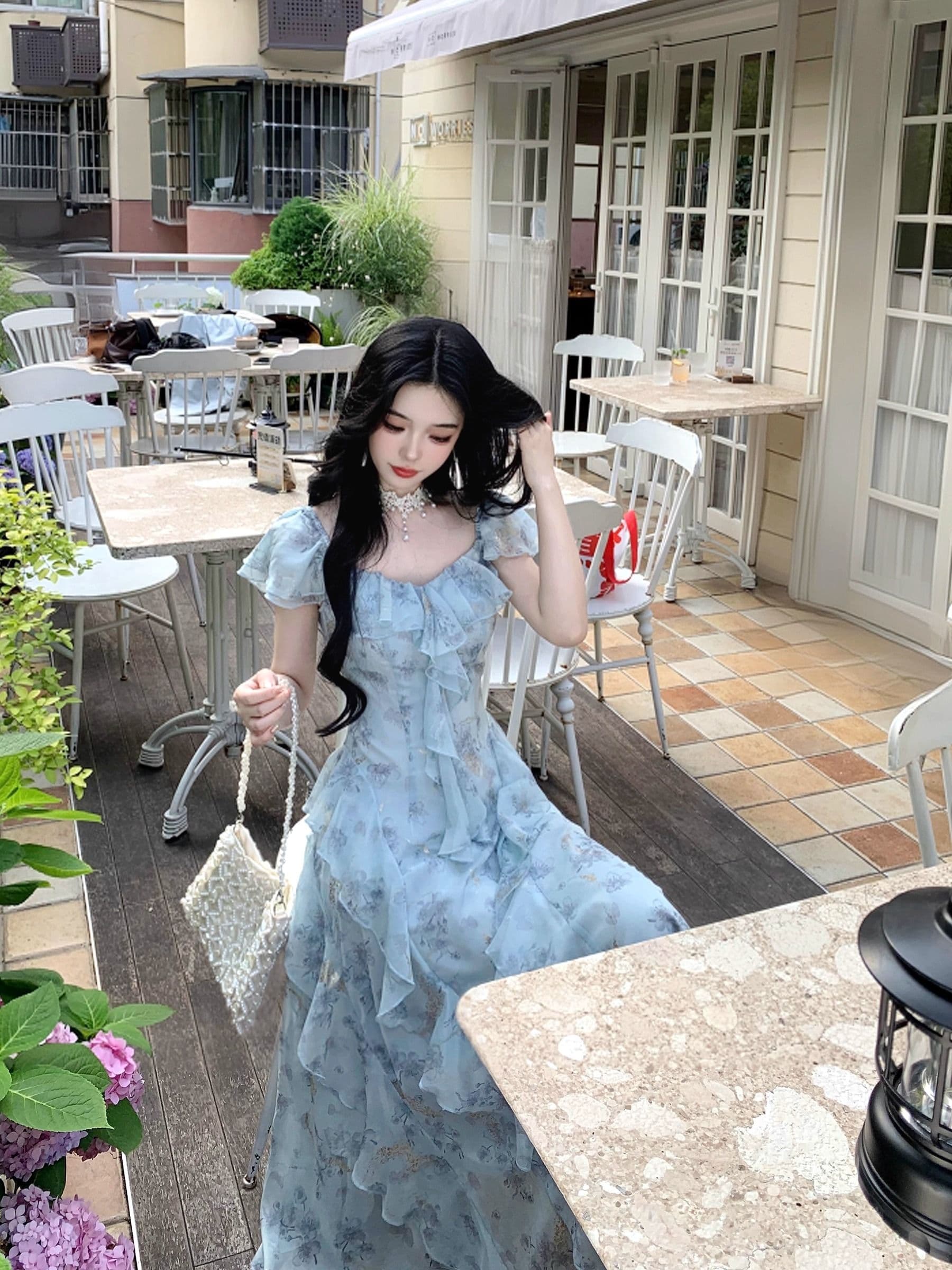 스타 바다 판금 요정 가스 부드러운 휴가 분위기 오프숄더 다림질 금박 쉬폰 프릴 고급 디자인 센스 드레스 이미지 4