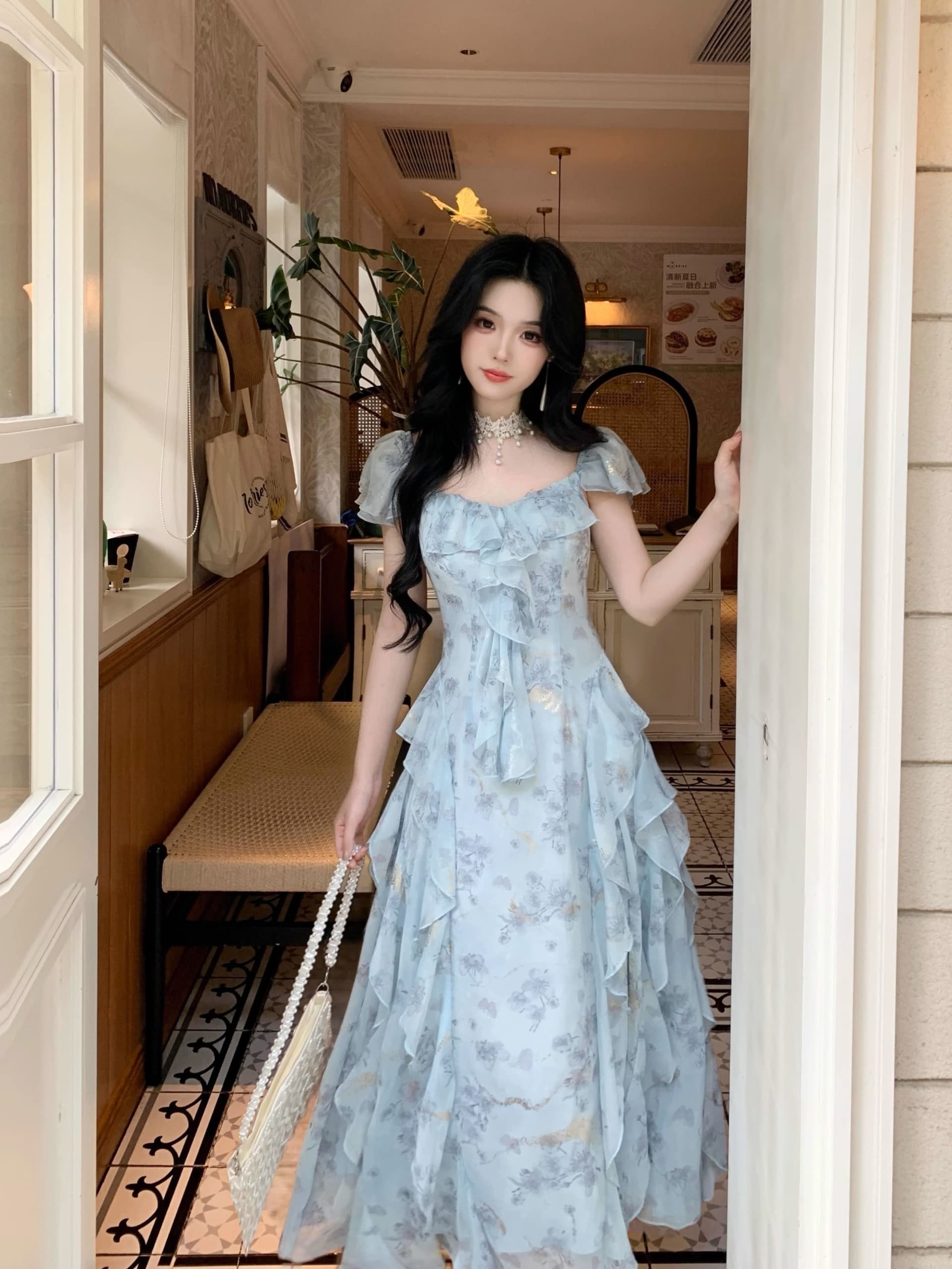 스타 바다 판금 요정 가스 부드러운 휴가 분위기 오프숄더 다림질 금박 쉬폰 프릴 고급 디자인 센스 드레스 상세 이미지 12