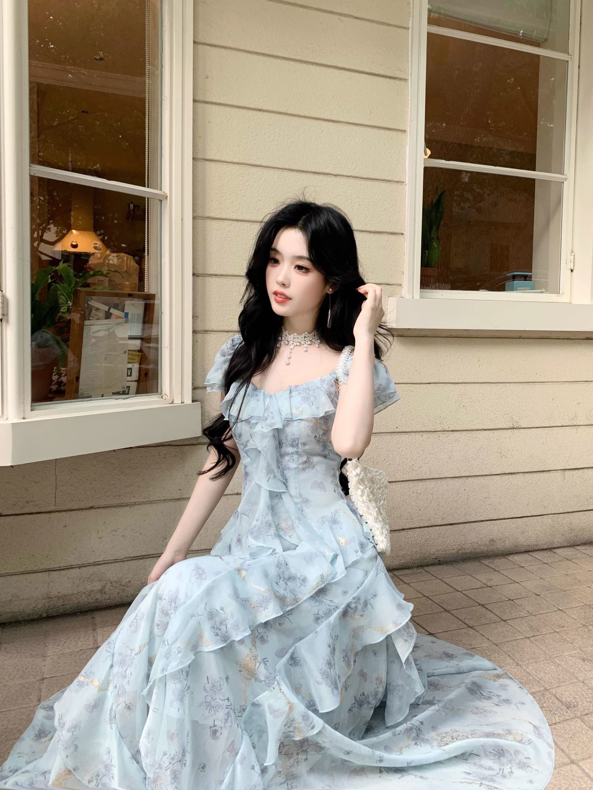 스타 바다 판금 요정 가스 부드러운 휴가 분위기 오프숄더 다림질 금박 쉬폰 프릴 고급 디자인 센스 드레스 상세 이미지 16