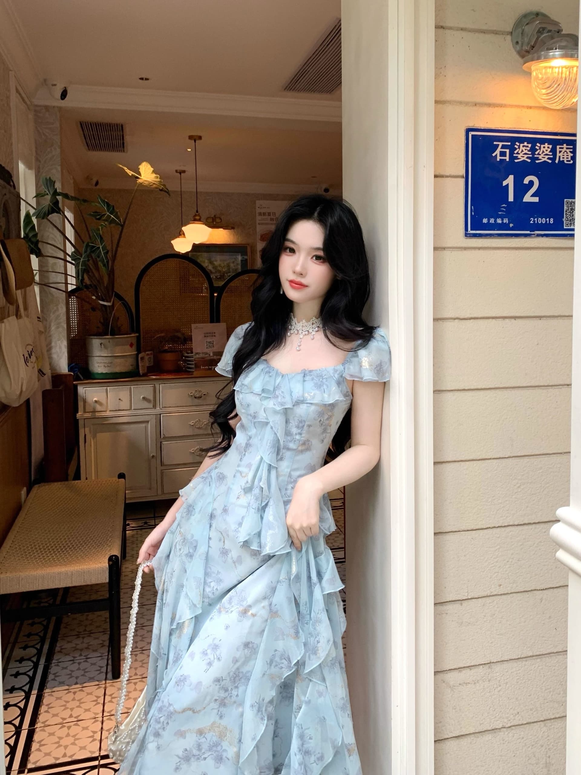 스타 바다 판금 요정 가스 부드러운 휴가 분위기 오프숄더 다림질 금박 쉬폰 프릴 고급 디자인 센스 드레스 상세 이미지 18