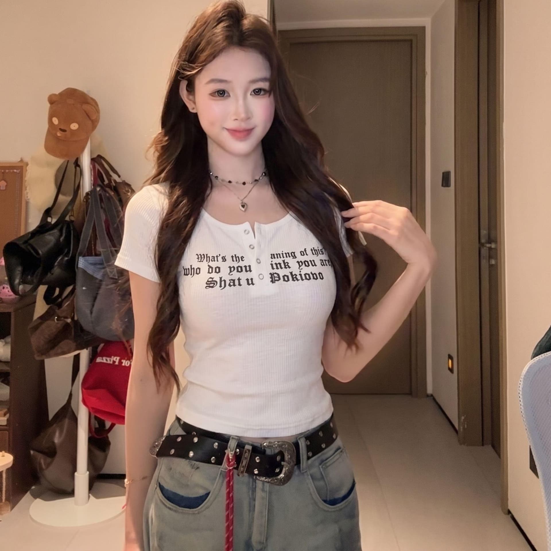 여름 새로운 아메리칸 핫걸 바람 프린트 라운드 넥 반팔 티셔츠 여성 몸매 가꾸기 슬림해 보이는 다용도 맨위 상세 이미지 7
