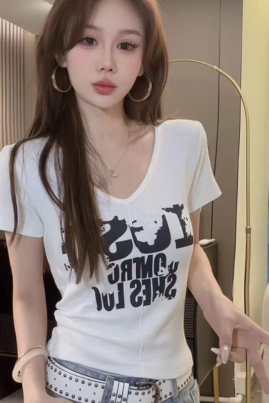 원본 원단 한국 동대문 얇은 스타일 다용도 V넥 반팔 티셔츠 새로운 여성 슬림해 보이는 맨위 이미지 6