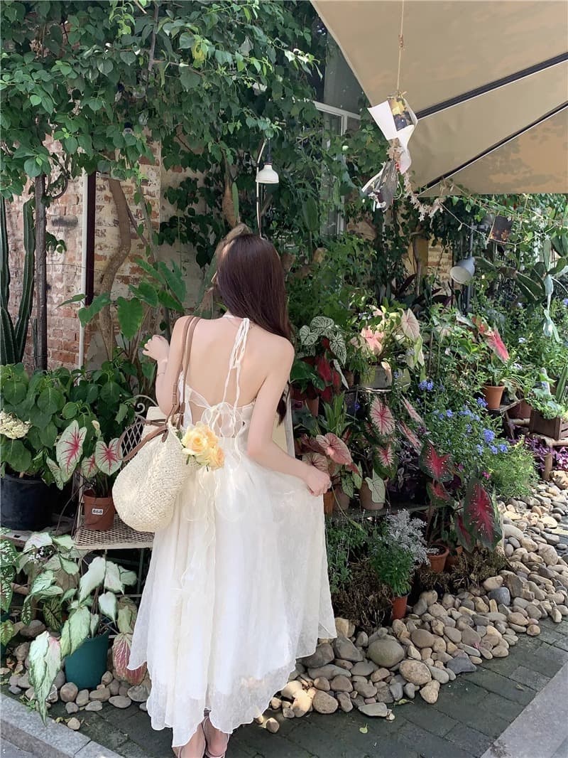 순수한 욕망 바람 행침 목 쉬폰 여성 드레스 여름 해변가 휴가 프랑스식 백리스 치마 고급 센스 화이트 롱 스커트 이미지 3