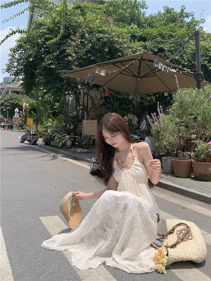 순수한 욕망 바람 행침 목 쉬폰 여성 드레스 여름 해변가 휴가 프랑스식 백리스 치마 고급 센스 화이트 롱 스커트 상세 이미지 7