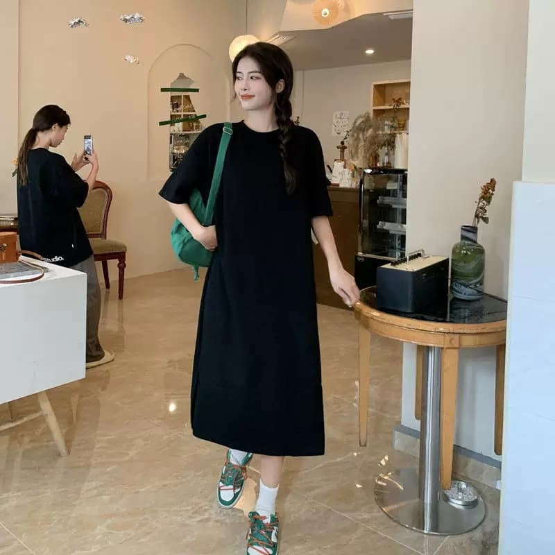 빅 사이즈 반팔 트임 드레스 여름 루즈핏 단색 중간 길이 무릎 아래 가정 서비스 나이트 드레스 라운드 넥 상세 이미지 5