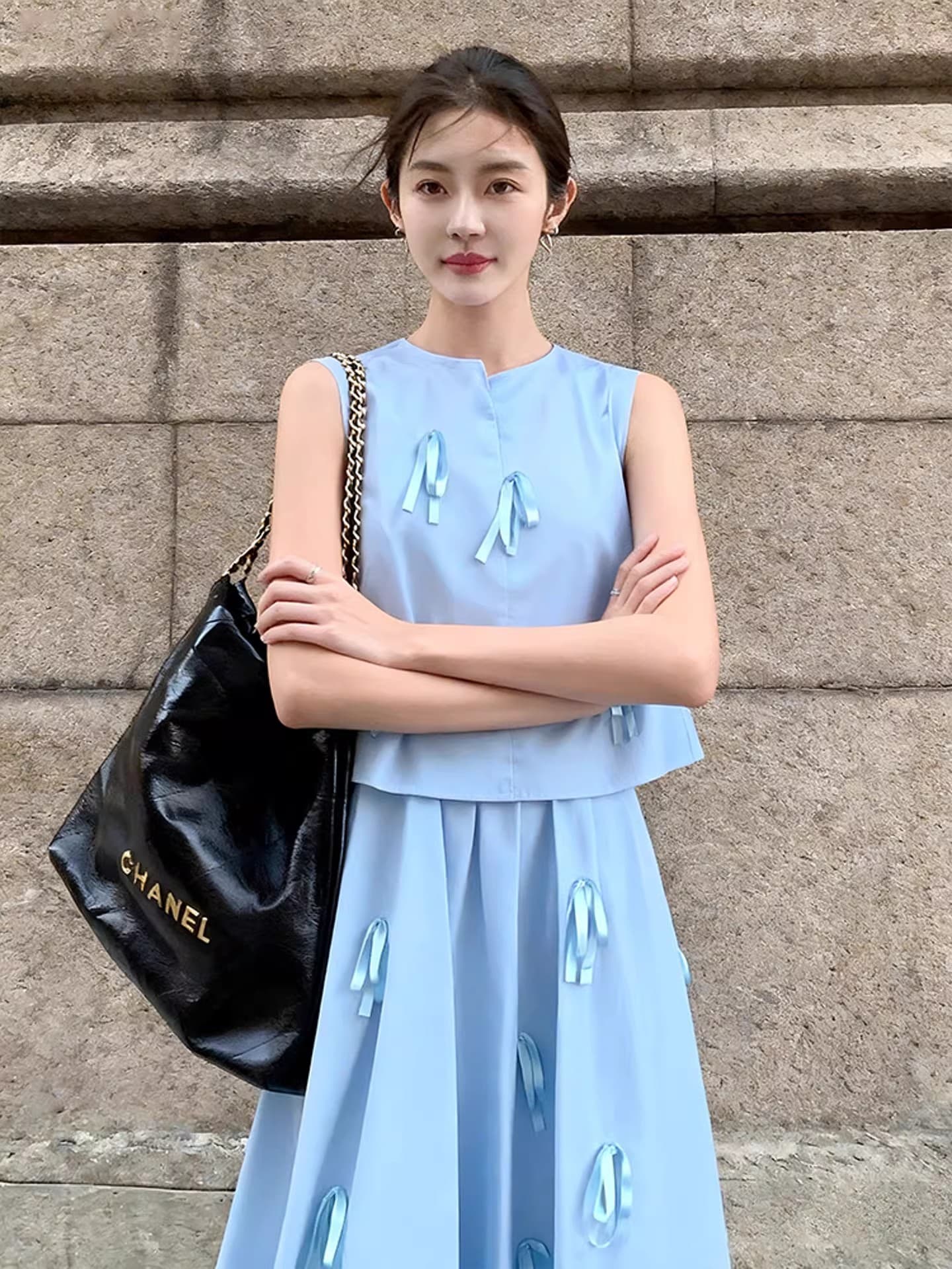 파란색 행침 목 민소매 점프 슈트 치마 소녀 여름 ins 바람 민소매 슈퍼 잘 생긴 V넥 여성 의류 흐름 지불 롱 스커트 상세 이미지 3