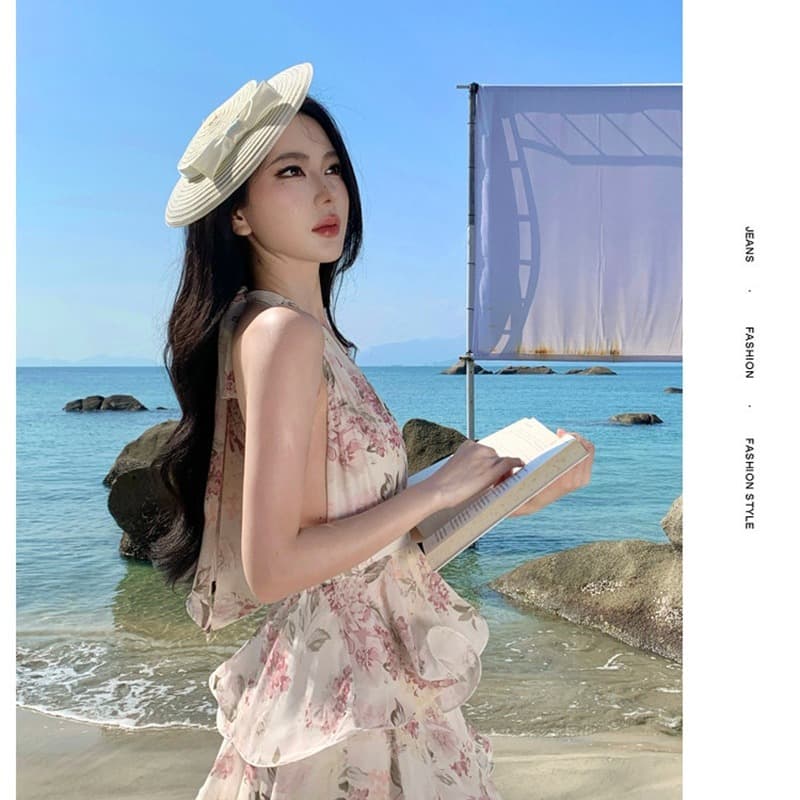 여름 새로운 이슬 장미 정원 프랑스식 휴가 바람 프린트 행침 목 쉬폰 케이크 롱 스커트 여성 V넥 드레스 이미지 5