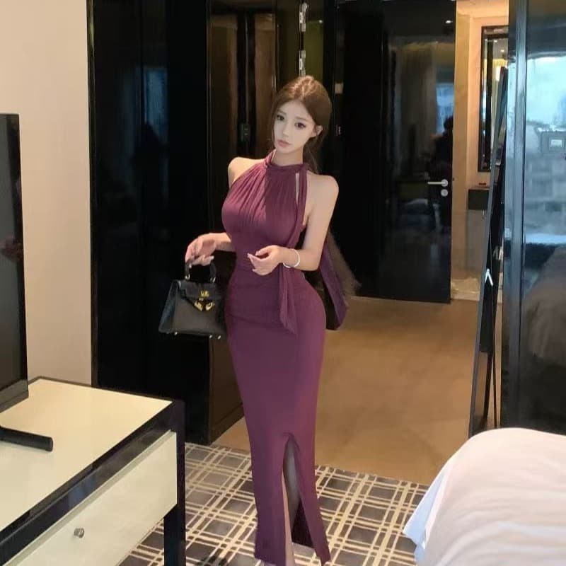 가슴 패드 리본 민소매 행침 목 여성 드레스 여름 벨트 가슴 패드 트임 치마 몸매 가꾸기 허리 수축 타이트 스커트 롱 스커트 이미지 5