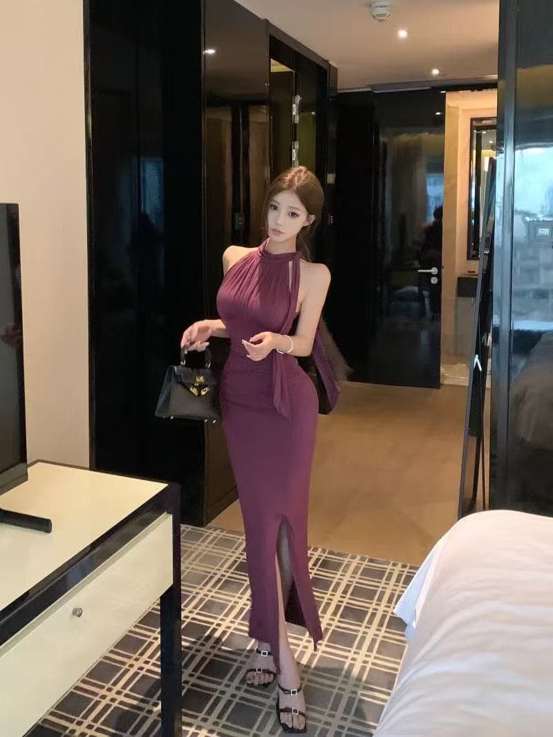가슴 패드 리본 민소매 행침 목 여성 드레스 여름 벨트 가슴 패드 트임 치마 몸매 가꾸기 허리 수축 타이트 스커트 롱 스커트 상세 이미지 1