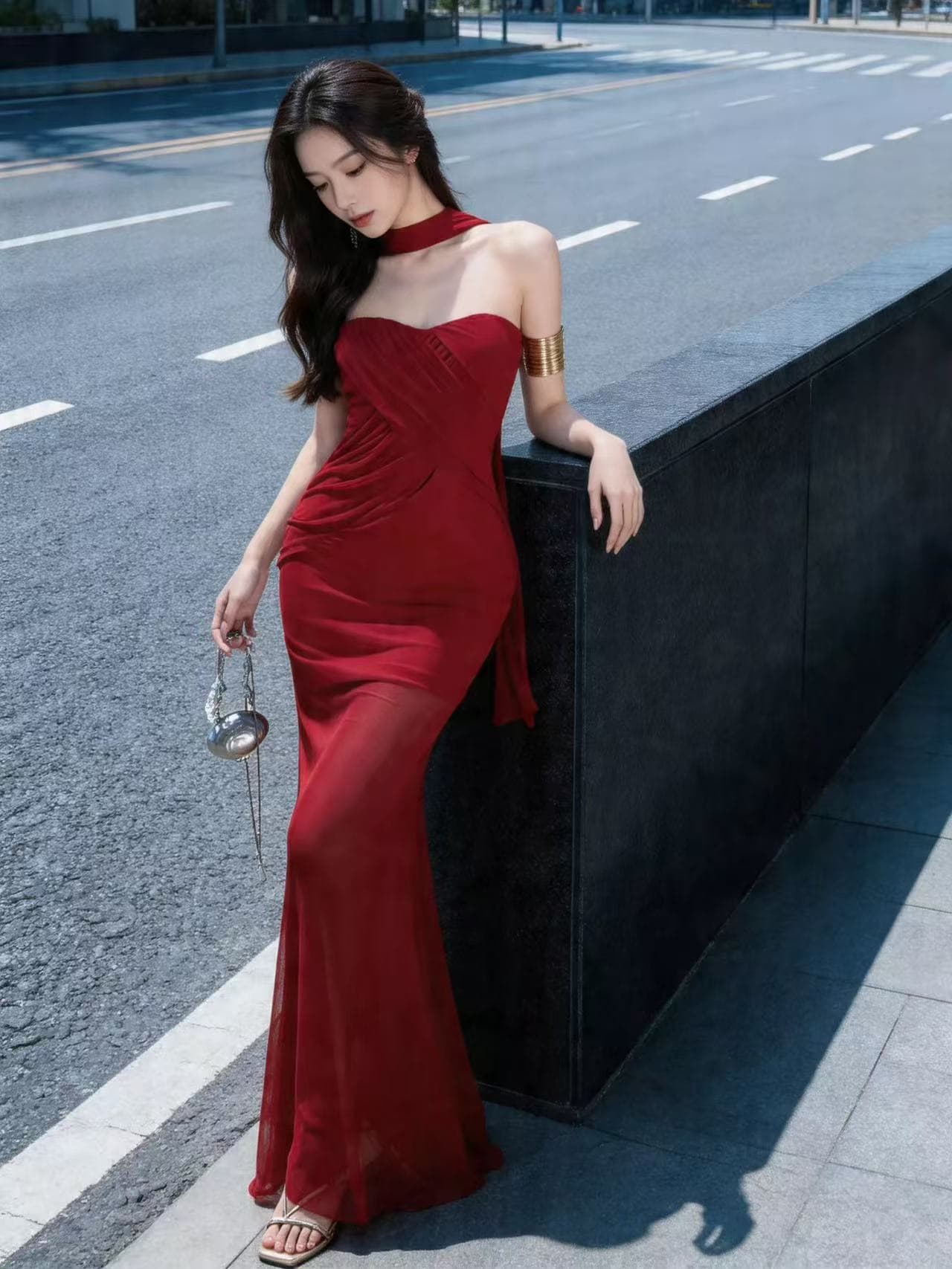 오프숄더 빨간색 프랑스식 신축성 망사 튜브탑 허리 수축 품격 명문 여성 여성 드레스 롱 코트 타이트 타이트 스커트 상세 이미지 5