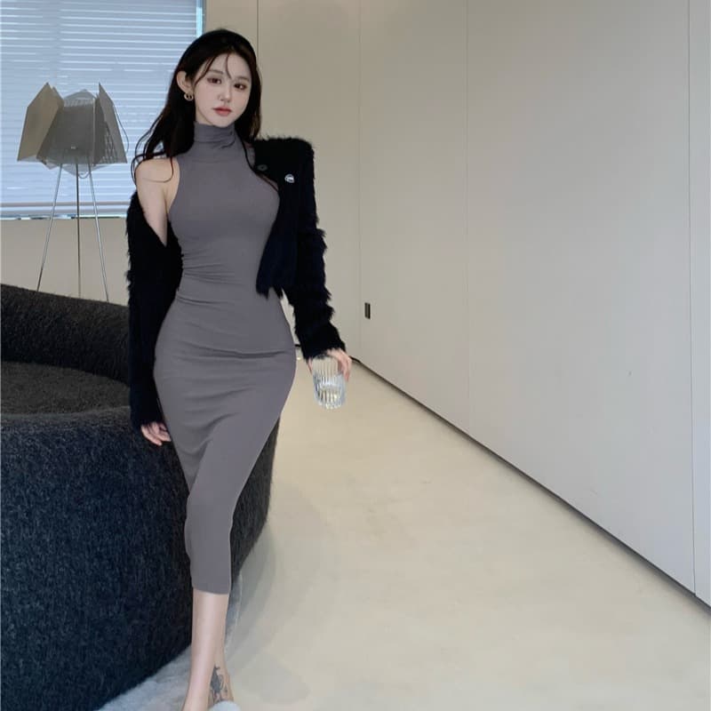 유럽과 미국 핫걸 바람 터틀넥 타이트 슬림해 보이는 민소매 타이트 스커트 만나는 조끼 여성 드레스 로얄 자매 팬 품격 롱 스커트 이미지 5